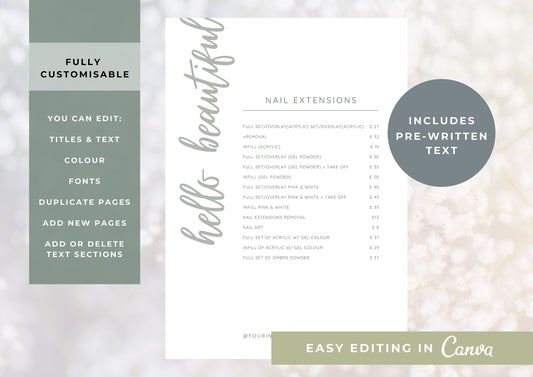 Nail Salon Services Pricing Menu | Pricing Guide | Nail Salon Template | Brochure Template | Business Template | Hello Beautiful