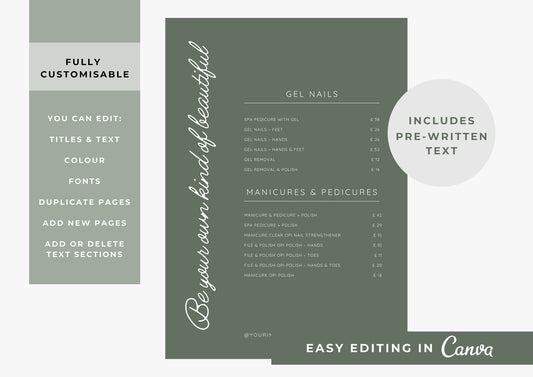 Nail Salon Services Pricing Menu | Pricing Guide | Nail Salon Template | Brochure Template | Business Template | Fern Green