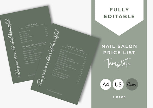 Nail Salon Services Pricing Menu | Pricing Guide | Nail Salon Template | Brochure Template | Business Template | Fern Green