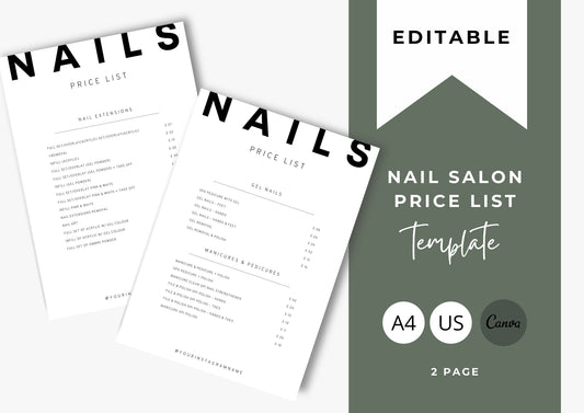 Nail Salon Services Pricing Menu | Pricing Guide | Nail Salon Template | Brochure Template | Business Template | Modern and Minimal