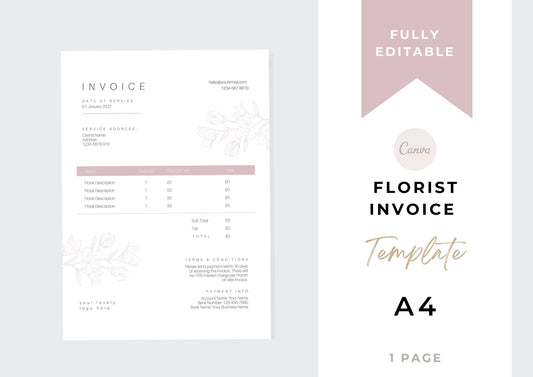 Florist Invoice Template | Services Invoice | Fully Editable | Instant Download |  Printable | Minimal | A4 | Rosebliss