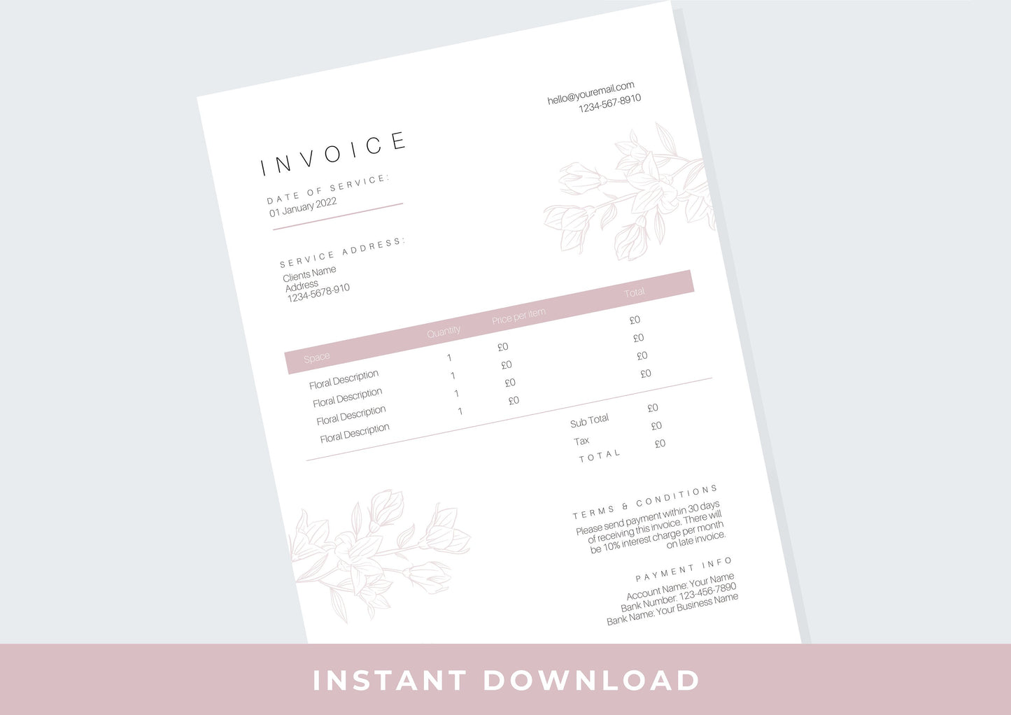 Florist Invoice Template | Services Invoice | Fully Editable | Instant Download | A4 | Printable | Digital Download | Minimal | Rosebliss