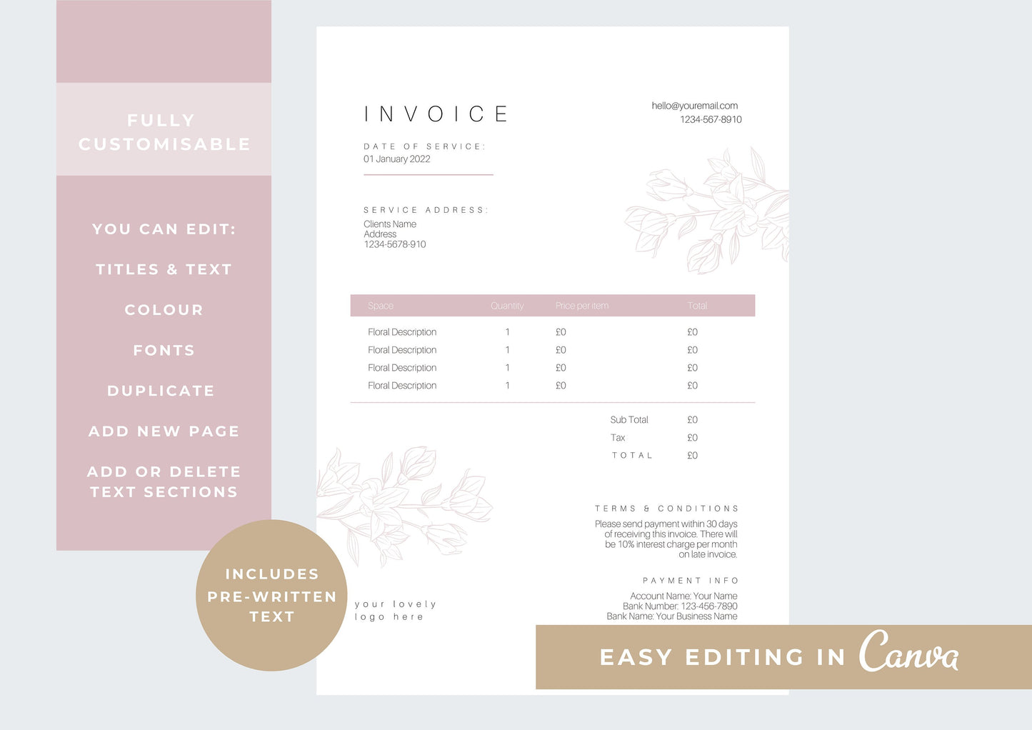 Florist Invoice Template | Services Invoice | Fully Editable | Instant Download | A4 | Printable | Digital Download | Minimal | Rosebliss