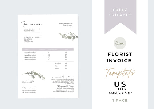 Florist Invoice Template | Services Invoice | Fully Editable | Instant Download |  Printable | Digital Download | Minimal | Lilac Dreams