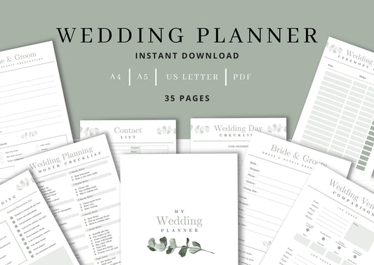 Wedding Planner | Printable Wedding Planner Pages | Printable Planner in three sizes A4,A5, US Letter | Wedding Plan Bundle | Eucalyptus