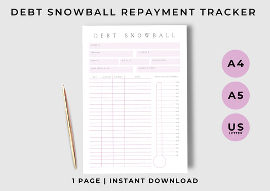 Debt Snowball Repayment Tracker, Debt Tracker, Printable, Debt planning, Ballet Pink