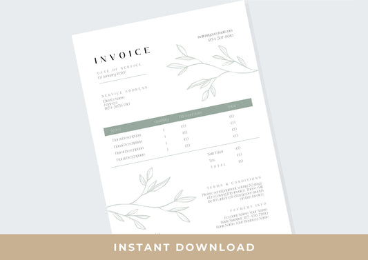 Florist Invoice Template | Services Invoice | Fully Editable | Instant Download | Printable | Digital Download | A4 | Minimal | Green breeze