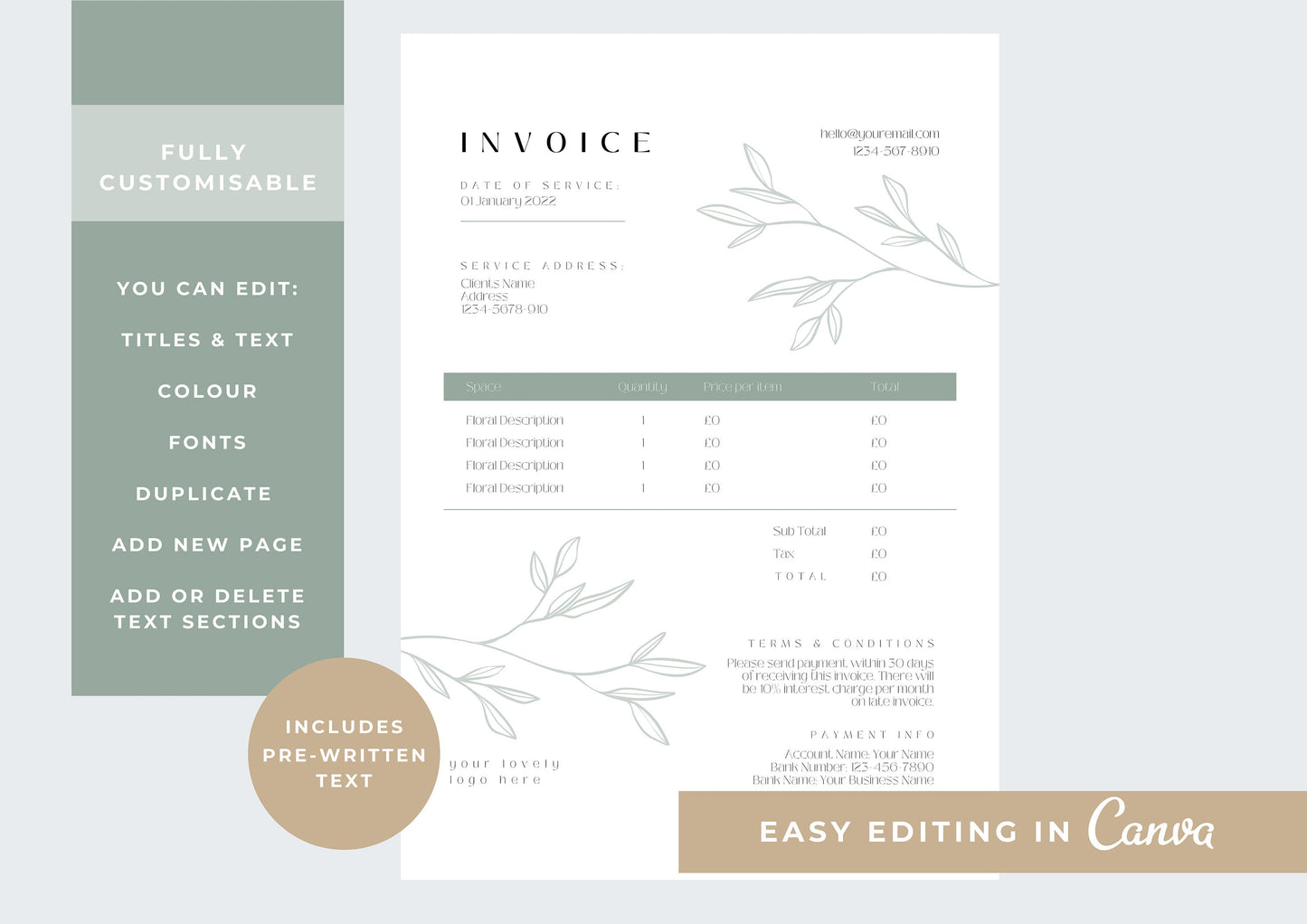 Florist Invoice Template | Services Invoice | Fully Editable | Instant Download |  Printable | Digital Download | Minimal | Green breeze