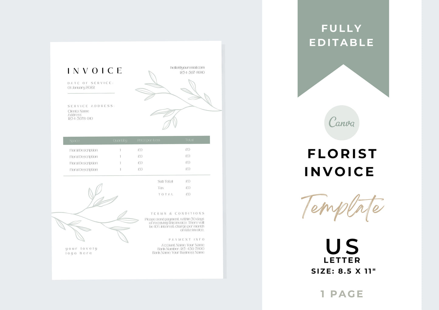 Florist Invoice Template | Services Invoice | Fully Editable | Instant Download |  Printable | Digital Download | Minimal | Green breeze