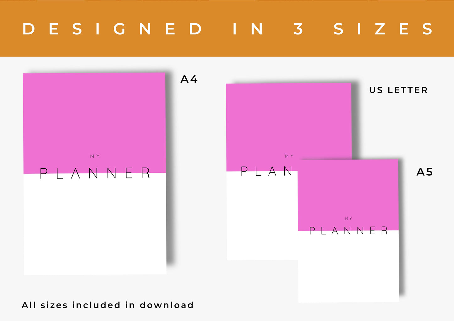 Colourful Planner, Daily, weekly, yearly, Goal setting, budget planning, Undated, Three sizes included A5 A4 and US Letter Bright and Bold