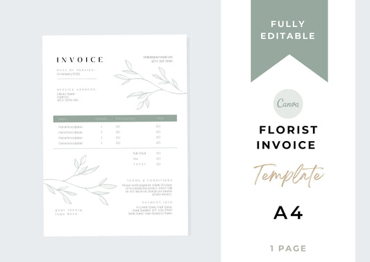 Florist Invoice Template | Services Invoice | Fully Editable | Instant Download | Printable | Digital Download | A4 | Minimal | Green breeze