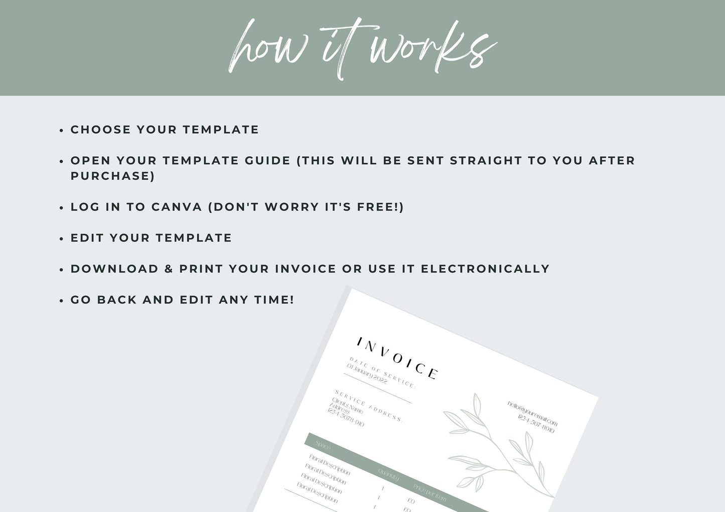 Florist Invoice Template | Services Invoice | Fully Editable | Instant Download |  Printable | Digital Download | Minimal | Green breeze