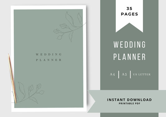 Wedding Planner | Printable Wedding Planner Pages | Printable Planner comes in three sizes A4,A5, US Letter |  Laurel Green Line Leaves