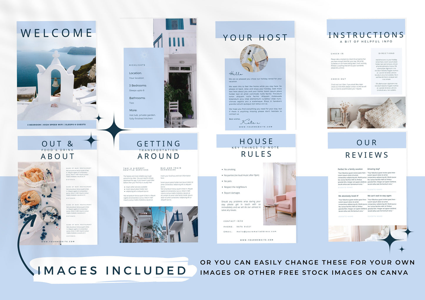 Airbnb Guest Welcome book, fully editable with pre-written text. All your information in one place, easy to edit Grecian Blue