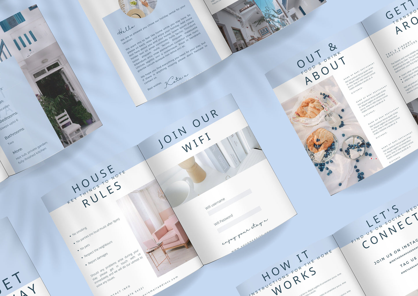 Airbnb Guest Welcome book, fully editable with pre-written text. All your information in one place, easy to edit Grecian Blue