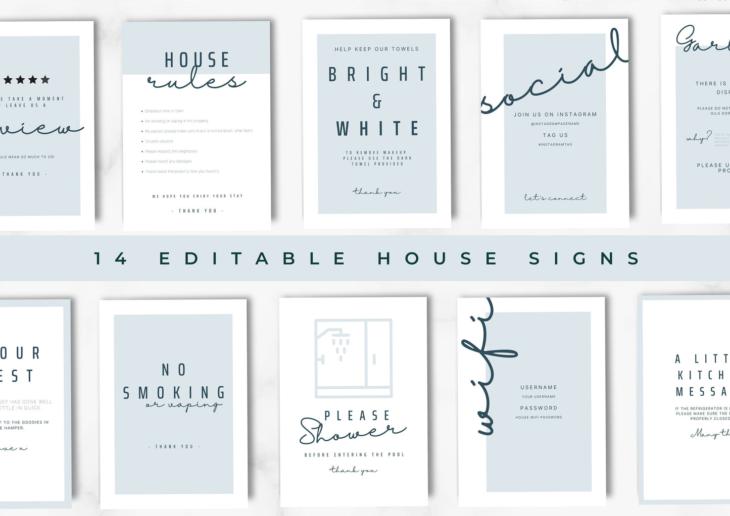 Airbnb House Signs! Stylish Editable Templates for your Airbnb, Key information signs and posters. Twilight Mist