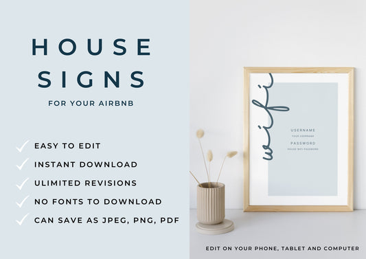 Airbnb House Signs! Stylish Editable Templates for your Airbnb, Key information signs and posters. Twilight Mist