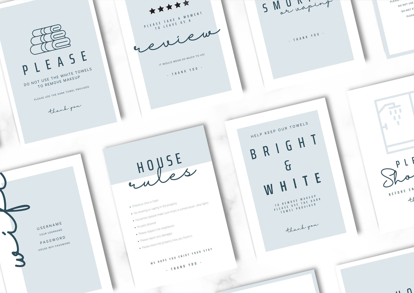 Airbnb House Signs! Stylish Editable Templates for your Airbnb, Key information signs and posters. Twilight Mist