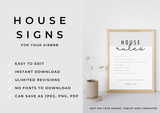 Airbnb House Signs! Stylish Editable Templates for your Airbnb, Key information signs and posters. Sparrow Grey