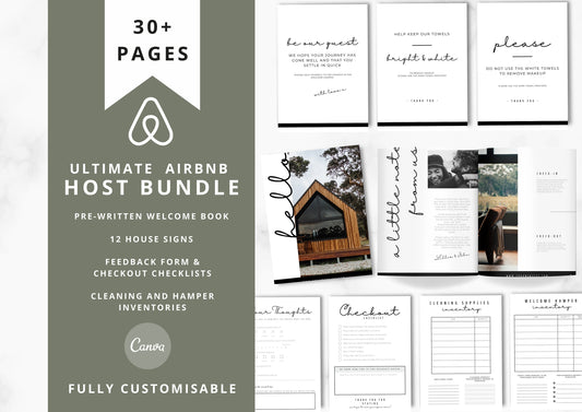 The Ultimate Airbnb Host Bundle Template, pre-written Welcome Guidebook with Hamper Inventory and Cleaning Checklists | Woodland Barn