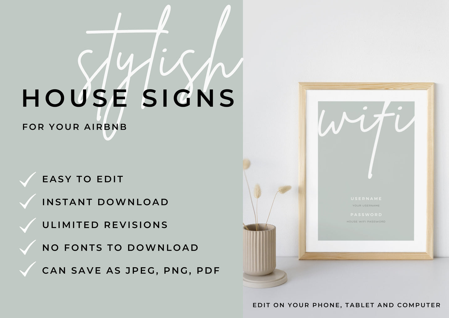 Airbnb House Signs! Stylish Editable Templates for your Airbnb, Key information signs and posters, Silver Sage