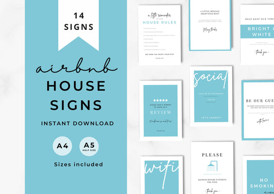 Airbnb House Signs! Stylish Editable Templates for your Airbnb, Key information signs and posters Blue Oasis