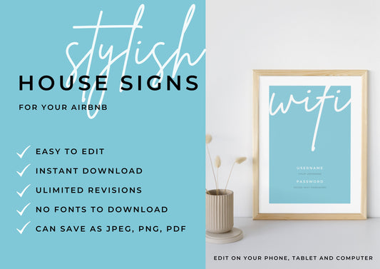 Airbnb House Signs! Stylish Editable Templates for your Airbnb, Key information signs and posters Blue Oasis