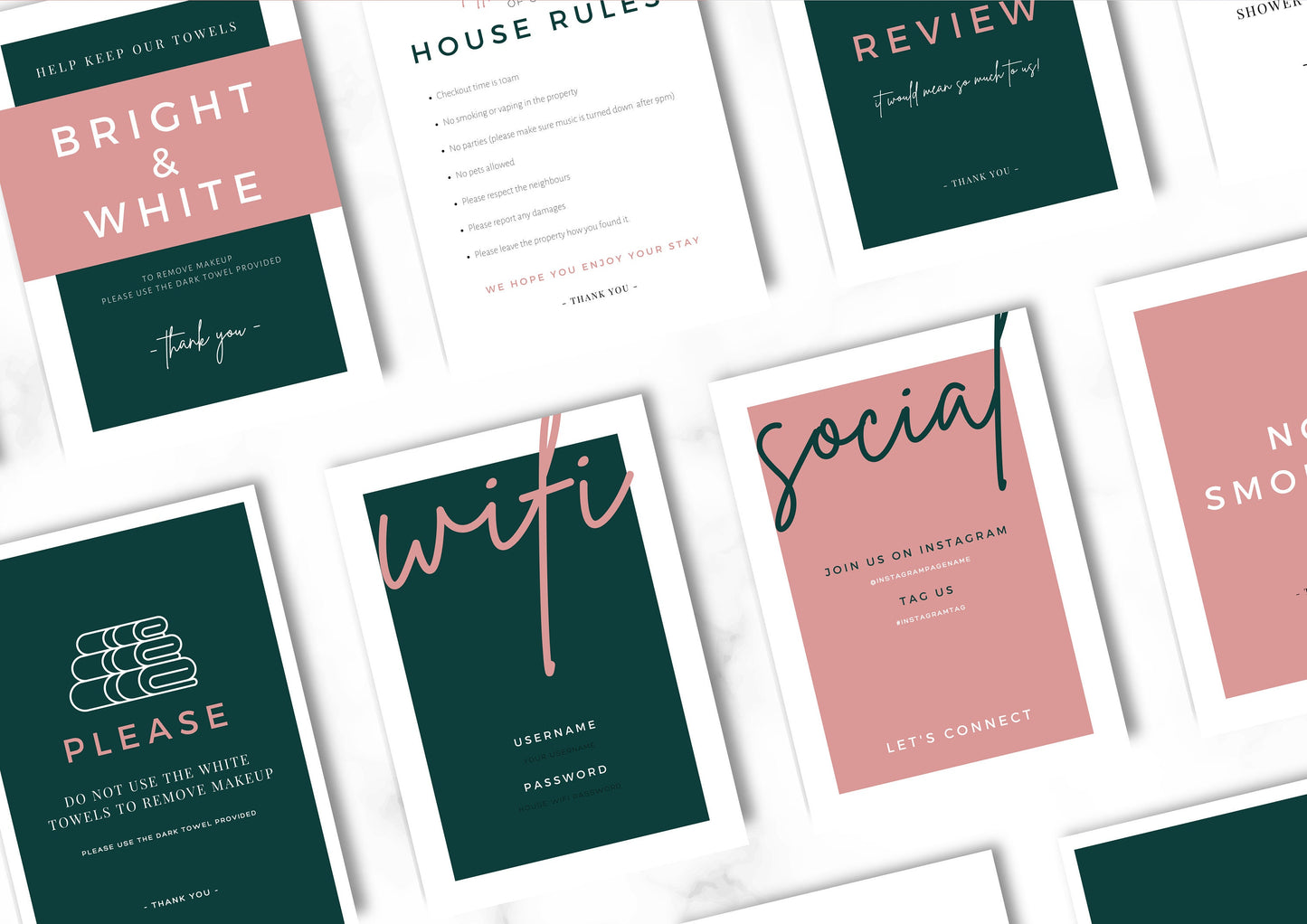 Airbnb House Signs! Stylish Editable Templates for your Airbnb, Key information signs and posters, Emerald Rose