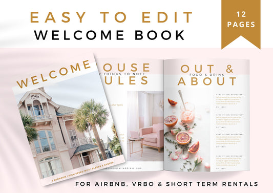 Airbnb Guest Welcome book, fully editable with pre-written text. All your information in one place, easy to edit | Strawberries and Apricot