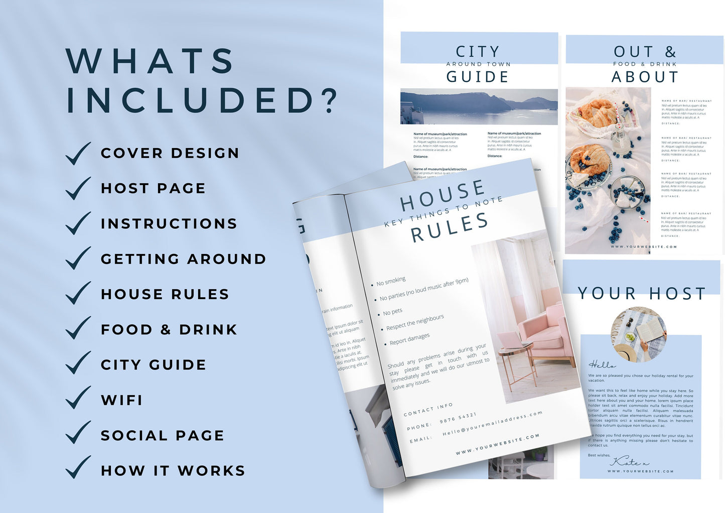 Airbnb Guest Welcome book, fully editable with pre-written text. All your information in one place, easy to edit Grecian Blue