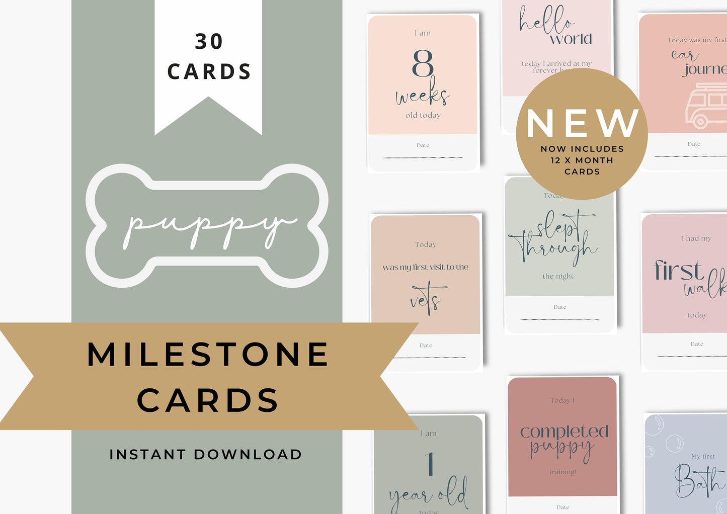 NEW Puppy Milestone Cards Printable, Print at Home, Mark your precious puppy Moments Muted Colours