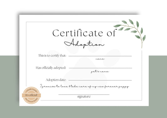 Forever Puppy Certificate of Adoption, Print at Home, mark the day your precious puppy joined your family.