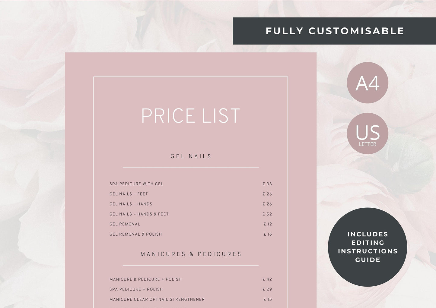 Nail Salon Services Pricing Menu | Pricing Guide | Nail Salon Template | Brochure Template | Business Template | Strawberry Rose