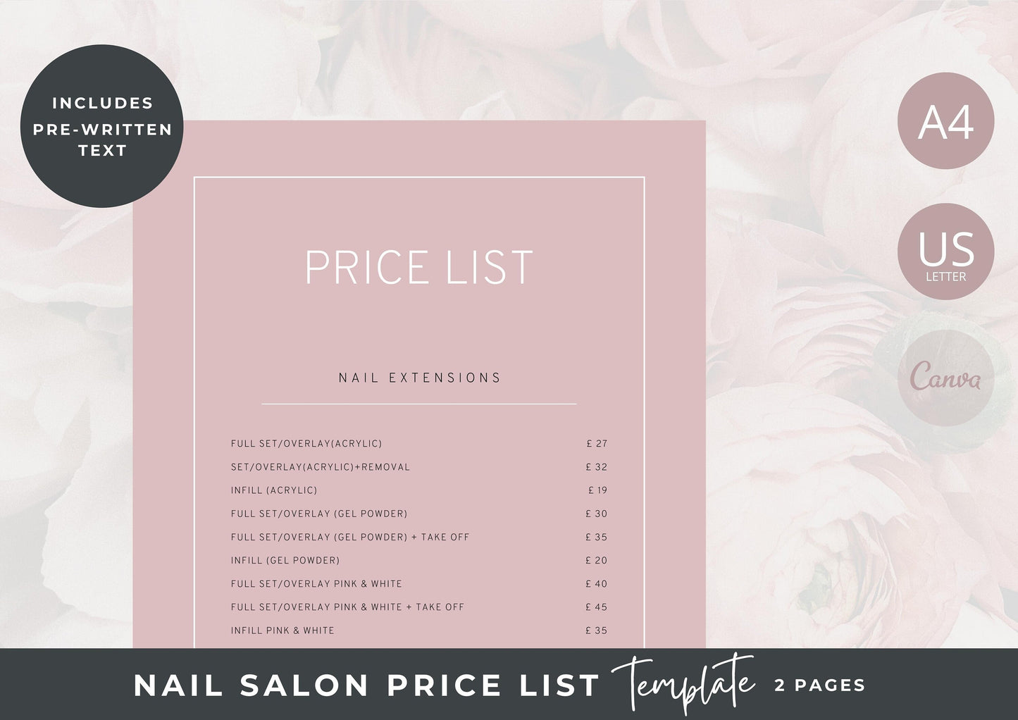 Nail Salon Services Pricing Menu | Pricing Guide | Nail Salon Template | Brochure Template | Business Template | Strawberry Rose