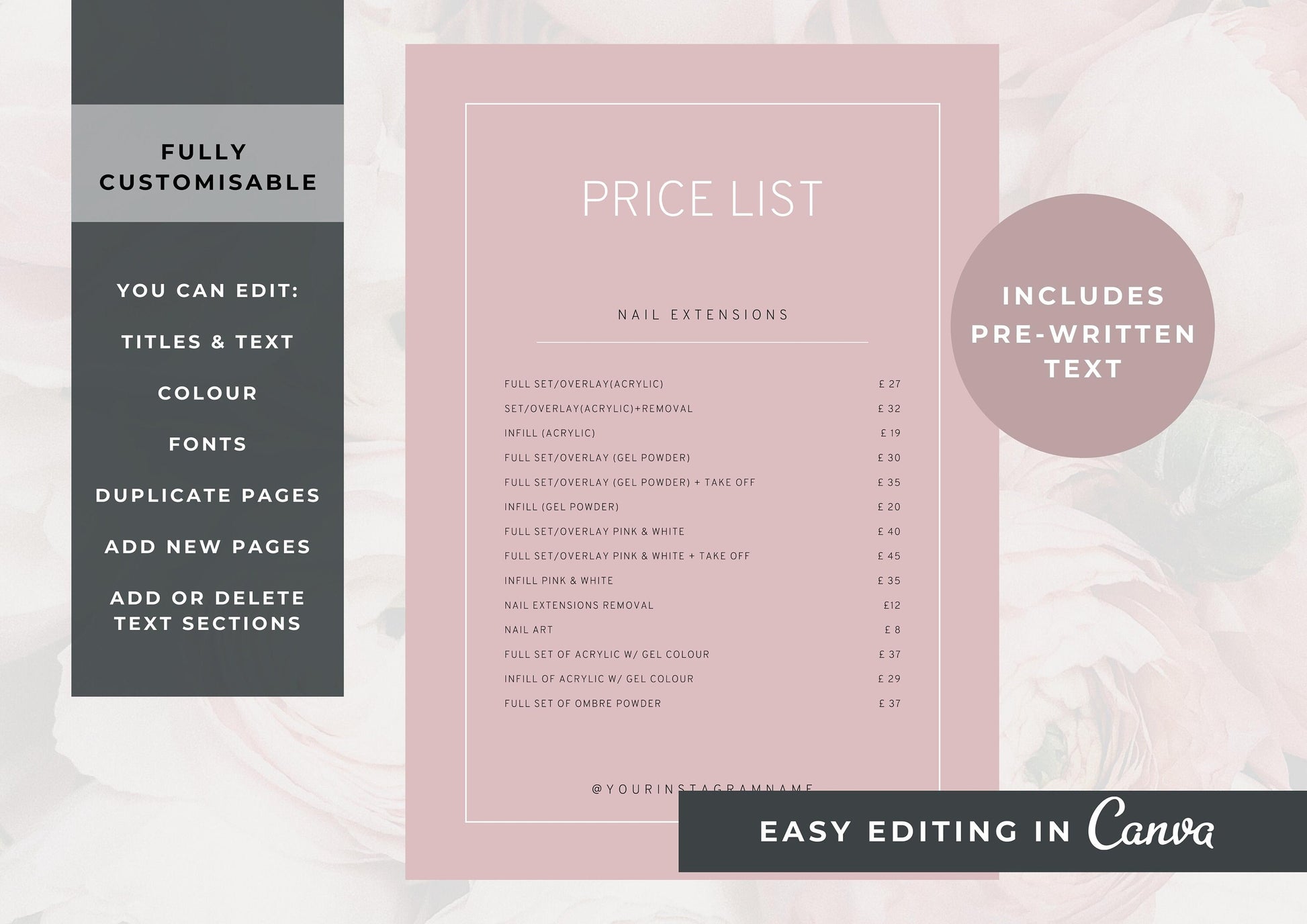 Nail Salon Services Pricing Menu | Pricing Guide | Nail Salon Template | Brochure Template | Business Template | Strawberry Rose