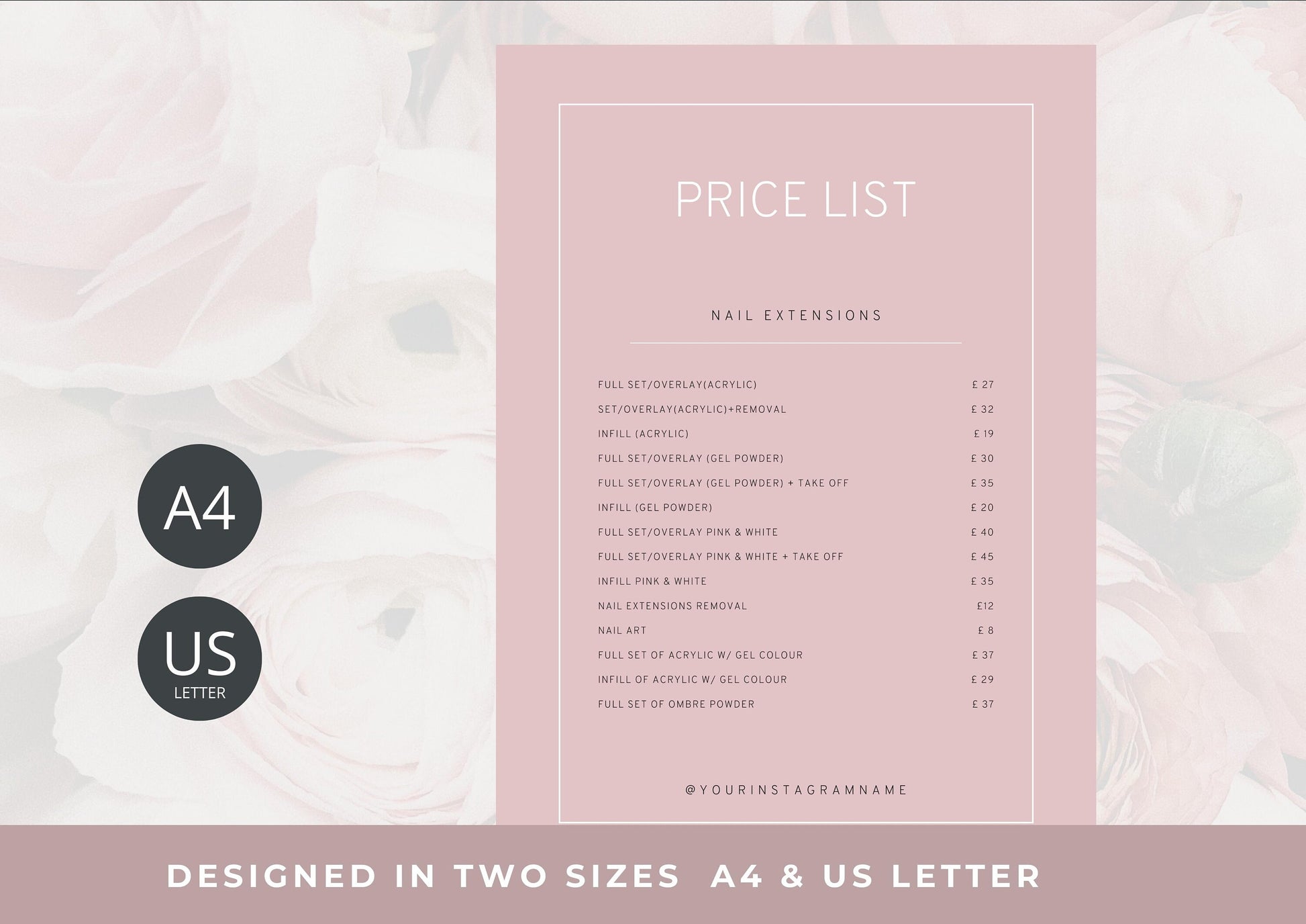 Nail Salon Services Pricing Menu | Pricing Guide | Nail Salon Template | Brochure Template | Business Template | Strawberry Rose