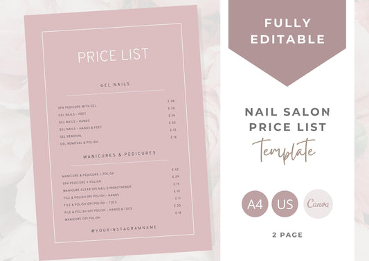 Nail Salon Services Pricing Menu | Pricing Guide | Nail Salon Template | Brochure Template | Business Template | Strawberry Rose