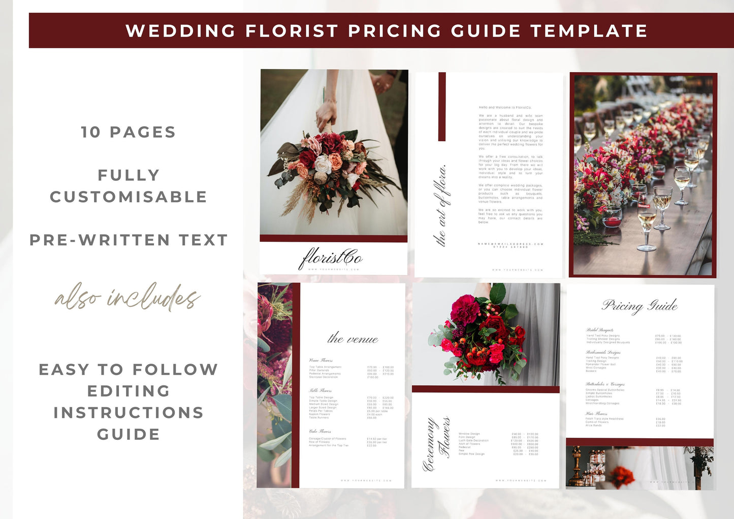 Wedding Florist Pricing Guide - Welcome guide - Template for Florists - Florist Templates - Guide - Florist Brochure - Deep Rose