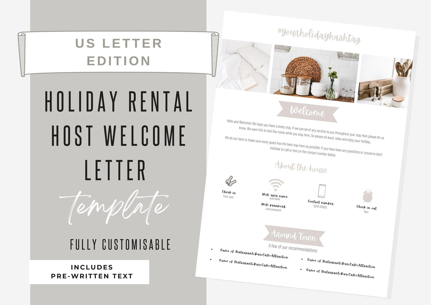 Welcome Letter for AirBnb, VRBO and Holiday Rental Hosts US Letter Size Harmony