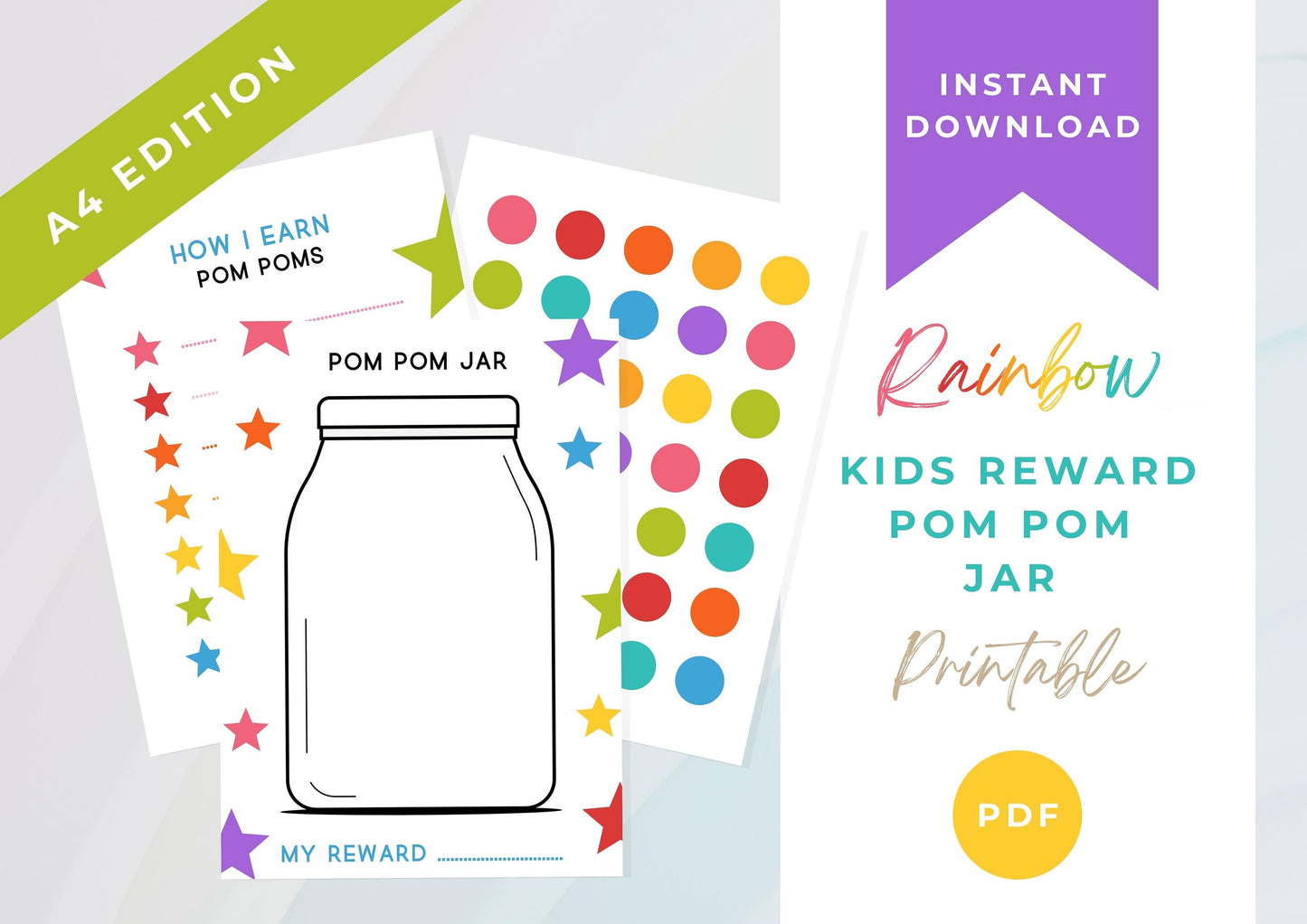 Kids Reward Pom Pom Jar printable, Reward Chart Printable, Rainbow