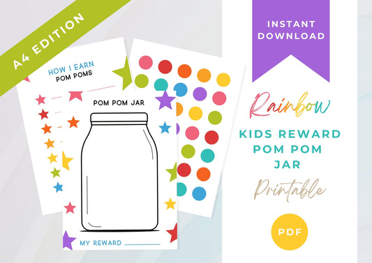 Kids Reward Pom Pom Jar printable, Reward Chart Printable, Rainbow