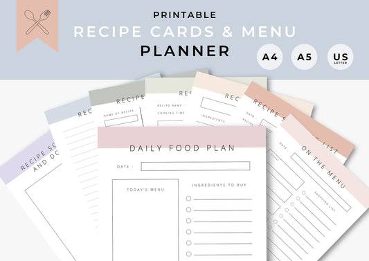 Recipe Cards and Menu Planner, Family Recipe Planner, instant download