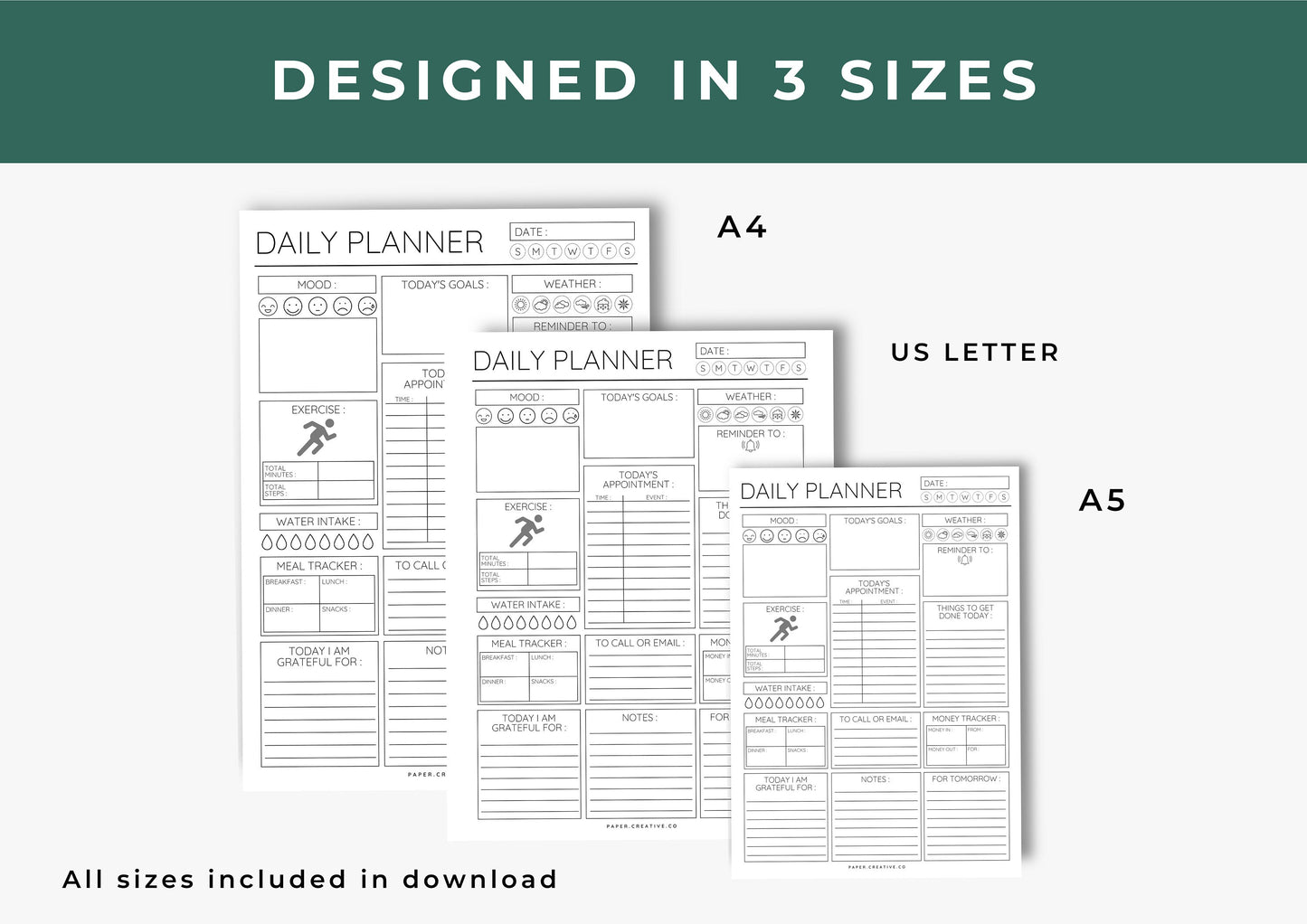 Daily Planner, Daily To Do List for Work and Home, Productivity Planner, Undated Planner, Three sizes included A5 A4 and US Letter