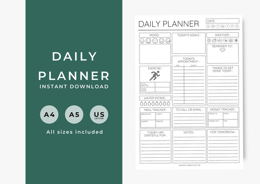 Daily Planner, Daily To Do List for Work and Home, Productivity Planner, Undated Planner, Three sizes included A5 A4 and US Letter